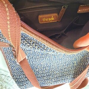 The Sak Blue Woven Messenger Bag with Brown Trim